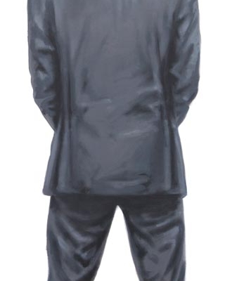 Figuratives Gemälde eines urinierenden Mannes von hinten.