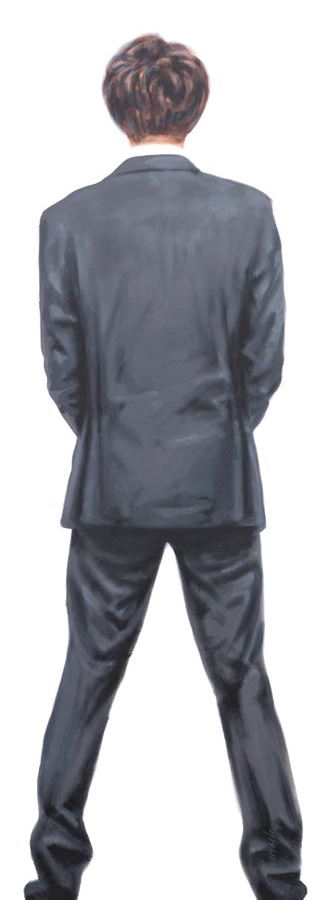 Figuratives Gemälde eines urinierenden Mannes von hinten.