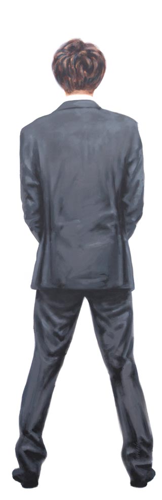 Figuratives Gemälde eines urinierenden Mannes von hinten.