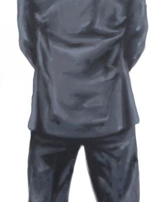 Von hinten dargestellter Mann beim Urinieren in einem Acrylgemälde.