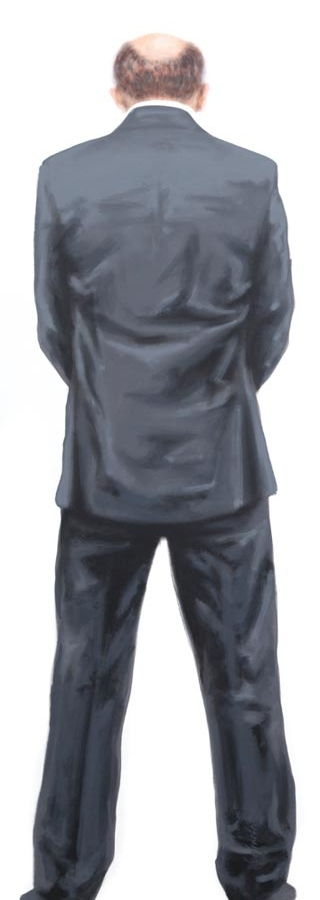 Von hinten dargestellter Mann beim Urinieren in einem Acrylgemälde.