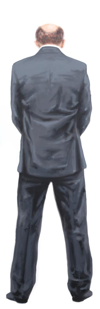 Von hinten dargestellter Mann beim Urinieren in einem Acrylgemälde.