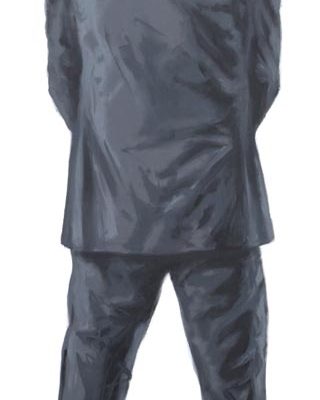 Acrylgemälde eines anonymen Mannes im schwarzen Anzug, von hinten beim Urinieren dargestellt.