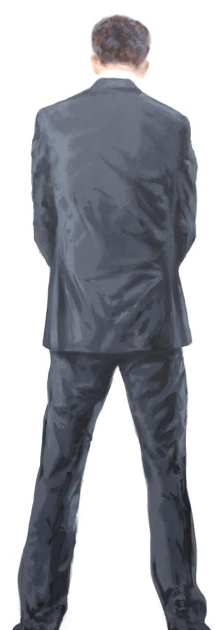 Acrylgemälde eines anonymen Mannes im schwarzen Anzug, von hinten beim Urinieren dargestellt.