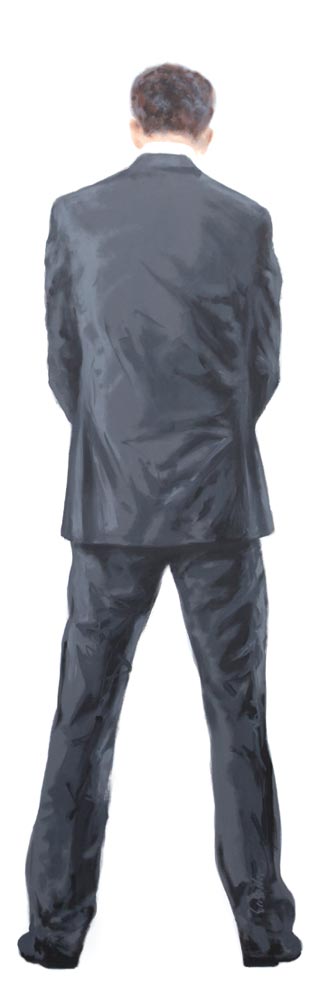 Acrylgemälde eines anonymen Mannes im schwarzen Anzug, von hinten beim Urinieren dargestellt.