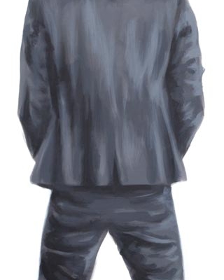 Acrylgemälde eines von hinten dargestellten urinierenden Mannes im schwarzen Anzug vor weißem Hintergrund.
