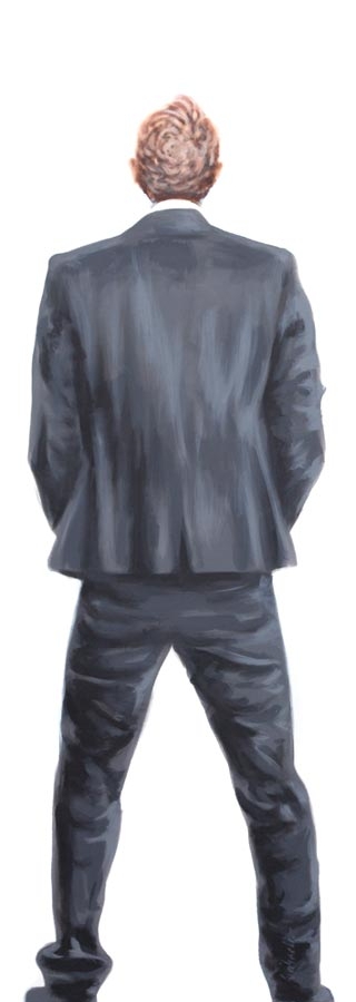 Acrylgemälde eines von hinten dargestellten urinierenden Mannes im schwarzen Anzug vor weißem Hintergrund.
