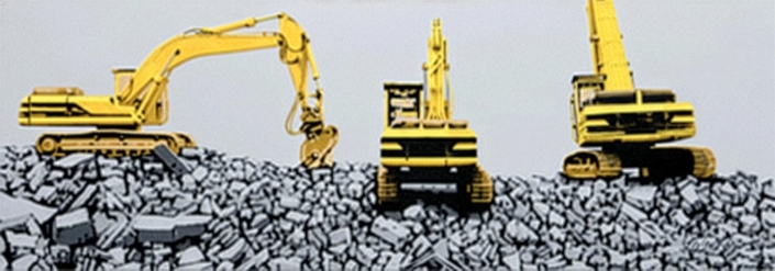 Drei gelbe Bagger stehen auf einem Haufen aus grauem Bauschutt vor einem hellen Hintergrund und sind aus unterschiedlichen Perspektiven dargestellt.