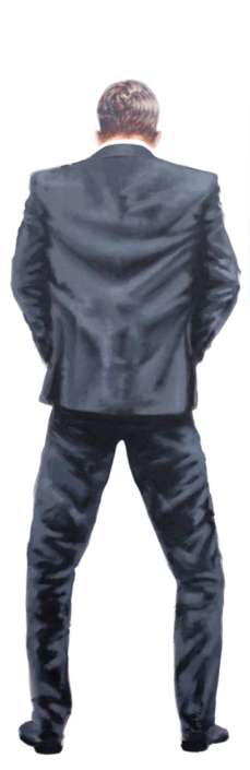 Zeitgenössisches Acrylgemälde eines urinierenden Mannes von hinten.