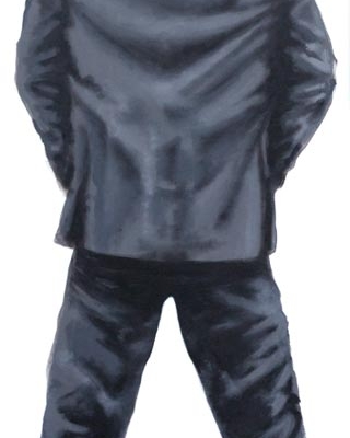 Zeitgenössisches Acrylgemälde eines urinierenden Mannes von hinten.