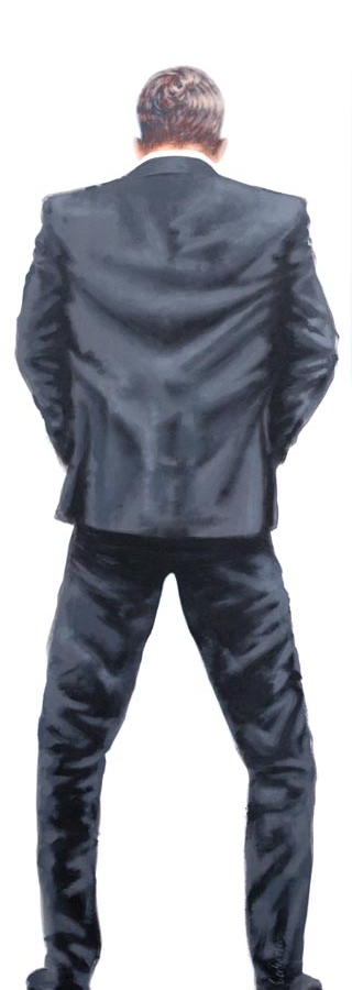 Zeitgenössisches Acrylgemälde eines urinierenden Mannes von hinten.
