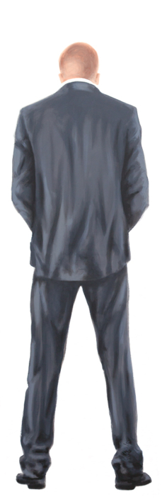 Minimalistisches Acrylgemälde eines urinierenden Mannes in Rückenansicht.
