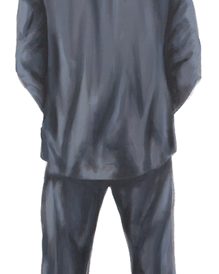 Minimalistisches Acrylgemälde eines urinierenden Mannes in Rückenansicht.