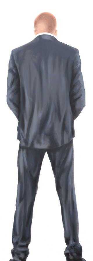 Minimalistisches Acrylgemälde eines urinierenden Mannes in Rückenansicht.