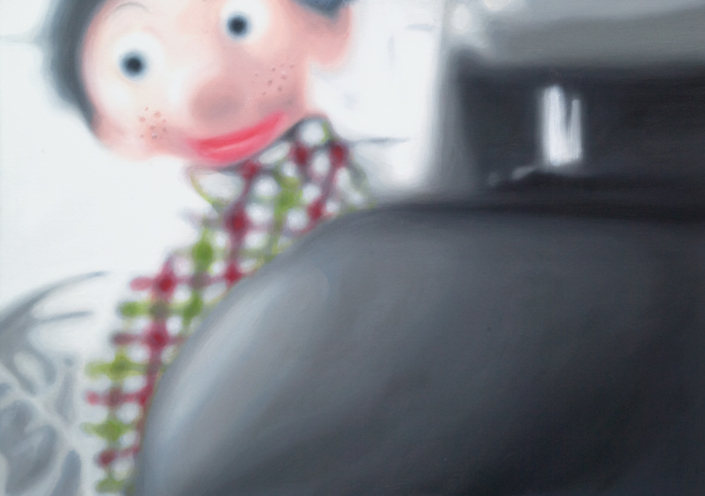 Ölgemälde eines Tütenkaspers, gesehen aus der Perspektive eines Kindes von der Rückbank eines Autos. Das Gesicht der Figur erscheint über einem dunklen Autositzt.