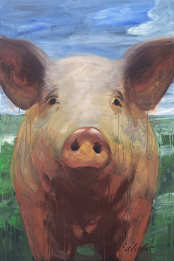 Sven Weihreter | 2026 | Caroline | Acryl auf Leinwand | 120 x 80 cm Ein frontales Porträt eines Schweins mit großen, dunklen Ohren und einer rosa Schnauze. Das Tier blickt den Betrachter direkt an. Der expressive Farbauftrag mit sichtbaren Pinselstrichen und herablaufender Farbe verleiht dem Acrylgemälde eine lebendige und emotionale Wirkung. Im Hintergrund sind ein blauer Himmel und eine angedeutete grüne Landschaft zu erkennen.