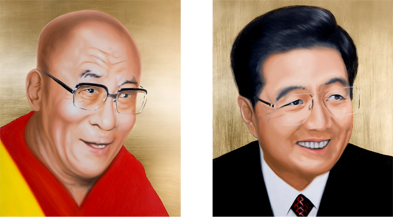 Zusammenhängend 04 (Dalai Lama und Chinas Präsident Hu Jintao) | 2008 | Öl und Blattgold auf Alubibond | je 70 x 60 cm