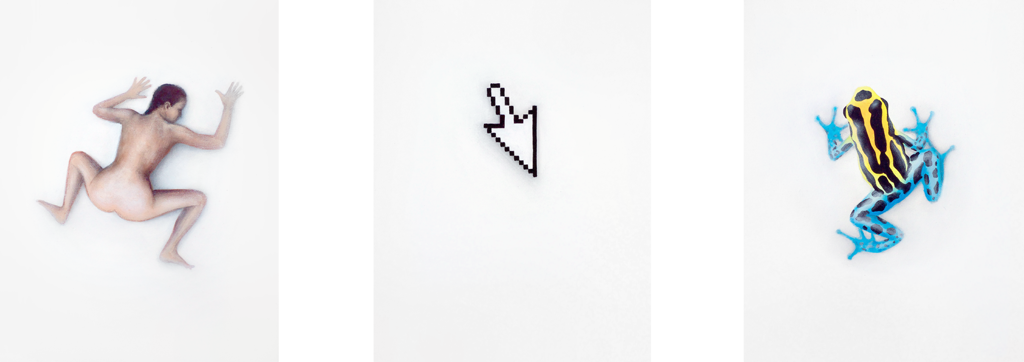 Zusammenhängend 05 (Frau kauernd, Computerfeil, Pfeilgiftfrosch) | 2012 | Acryl auf Leinwand | je 40 x 30 cm Triptychon