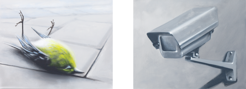 Zusammenhängend 07 (Vogel, Überwachungskamera) | 2012 | Öl auf Leinwand | je 40 x 50 cm Diptychon