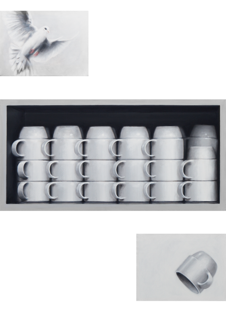 Zusammenhängend 08 (Tassenschrank, Tasse, Taube) | 2012 | Acryl auf Leinwand | dreiteilig 130 x 100 cm